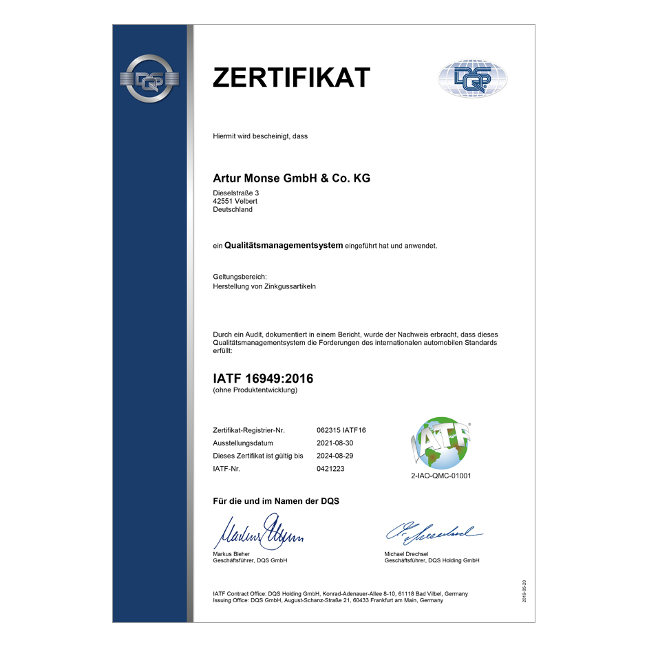 ERNEUT NACH ISO 9001:2015 UND IATF 16949:2016 ZERTIFIZIERT